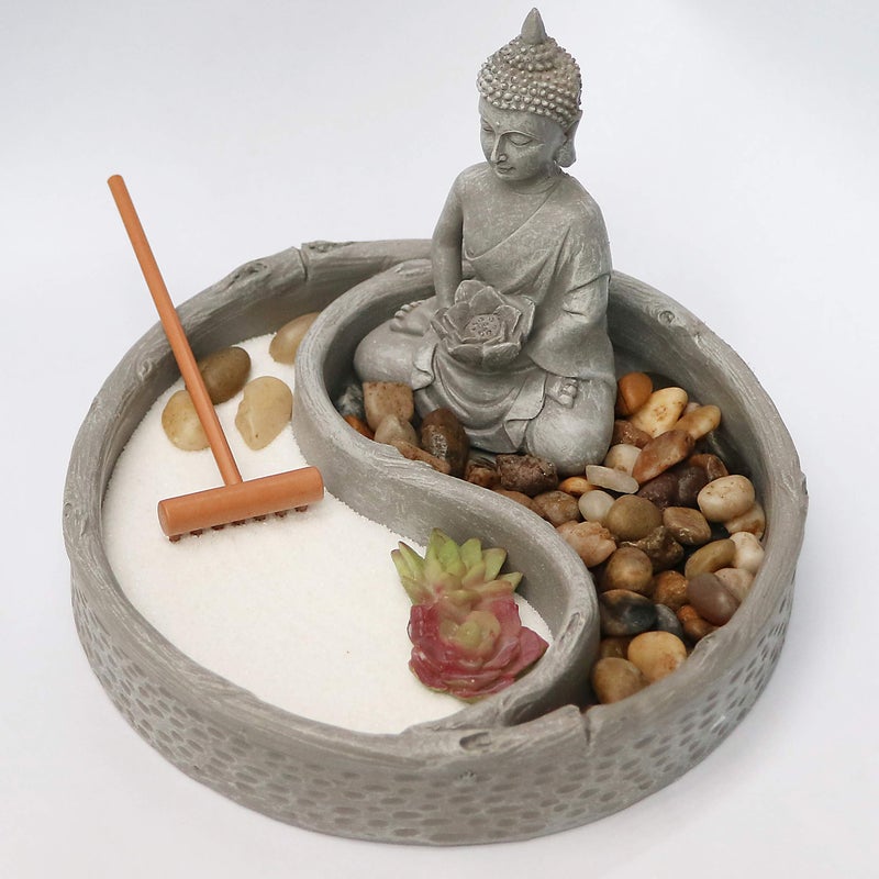 Nature's Mark Mini Zen Garden Kit for Desk with Lotus, Buddha Figures, Rake and Natural Sand River Rocks Table/Desk DÃ©cor Gift Set for Home and Office 6 x 6 Inches Round Base - Image 3